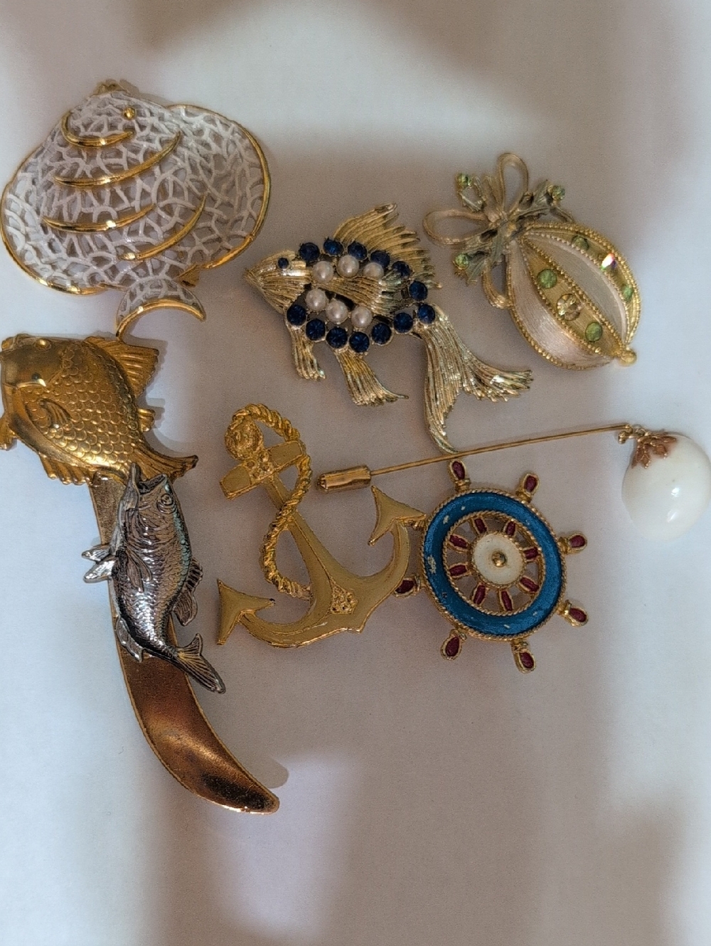 Vintage Nautical & Ocean-Themed Brooch Lot - Gold, Blue, White, Green Accents